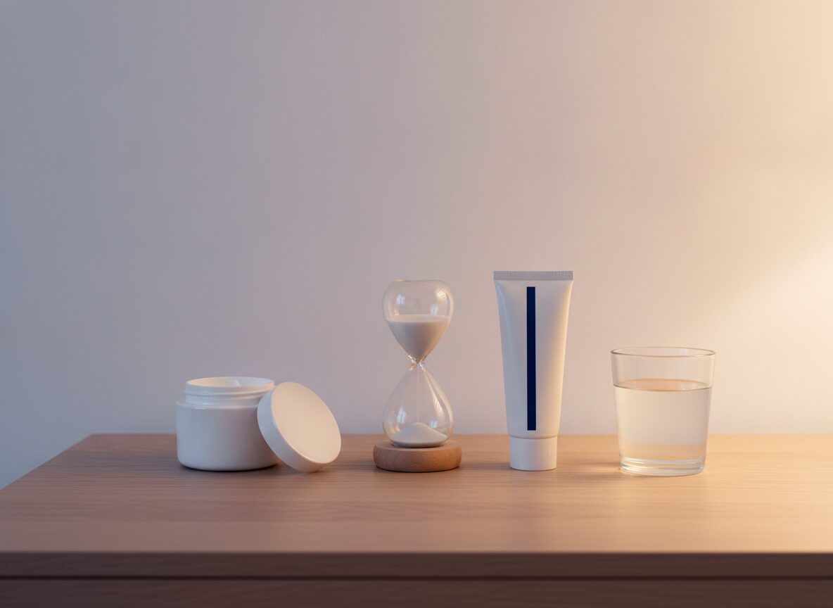 A white jar of cream with its lid tilted beside it, a small glass hourglass on a wooden base, a white squeeze tube with one dark blue stripe and a glass of water in a row on a wooden nightstand in warm evening light.