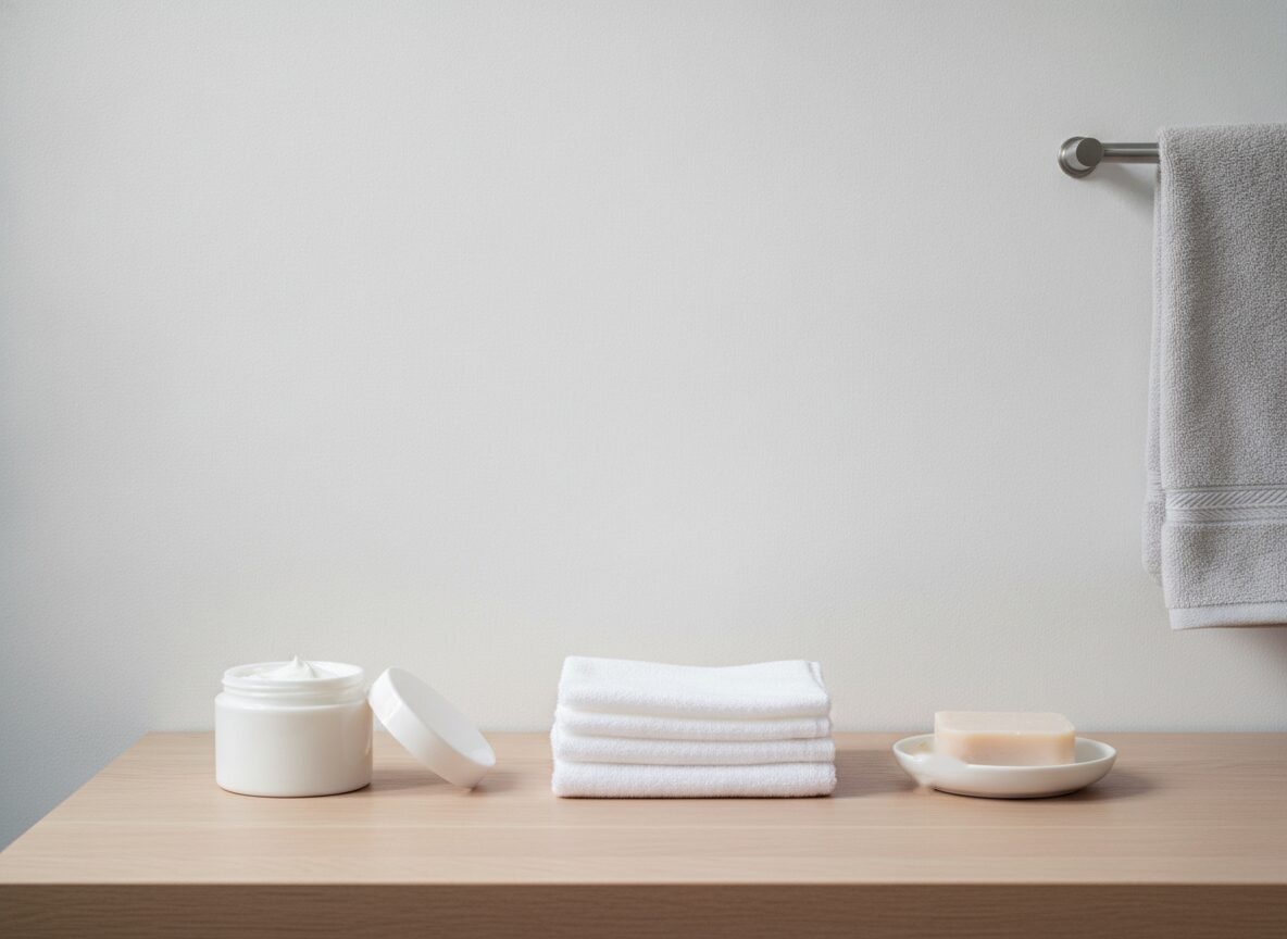 A white jar of cream with its lid standing on edge beside it, a stack of folded white washcloths and a white dish holding one bar of soap on a pale oak counter, with a grey towel hanging from a bar on the wall.