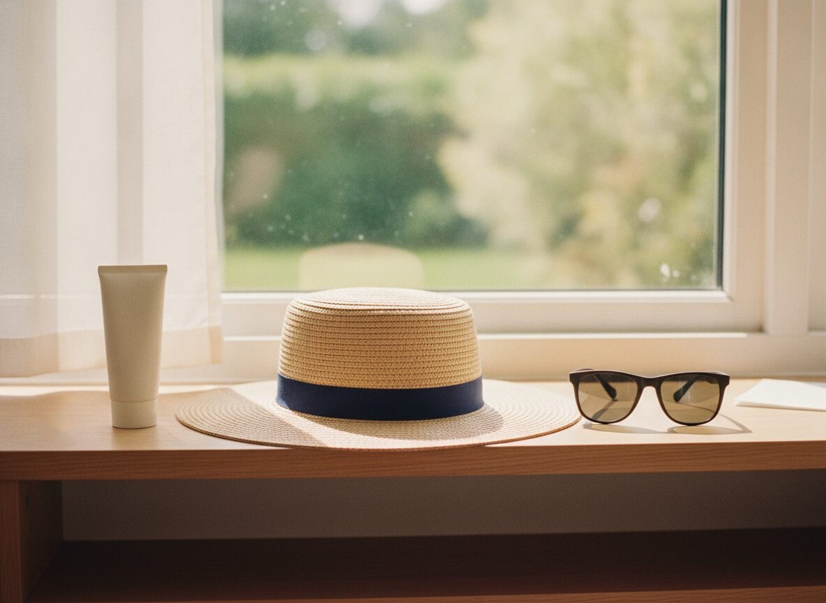 A blank cream-colored squeeze tube, a straw hat with a dark blue band and a pair of dark sunglasses on a wooden windowsill shelf in front of a sunlit window with a blurred green garden.