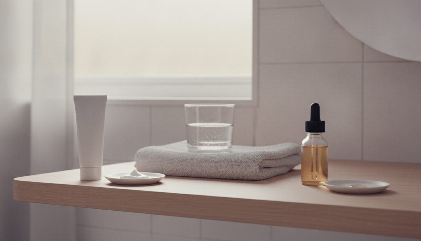 A pale oak bathroom shelf holding a blank white squeeze tube beside a small saucer with a dab of white cream, a folded grey towel with a glass of water on top, and a small clear dropper bottle of amber liquid beside a second saucer, in soft window light.