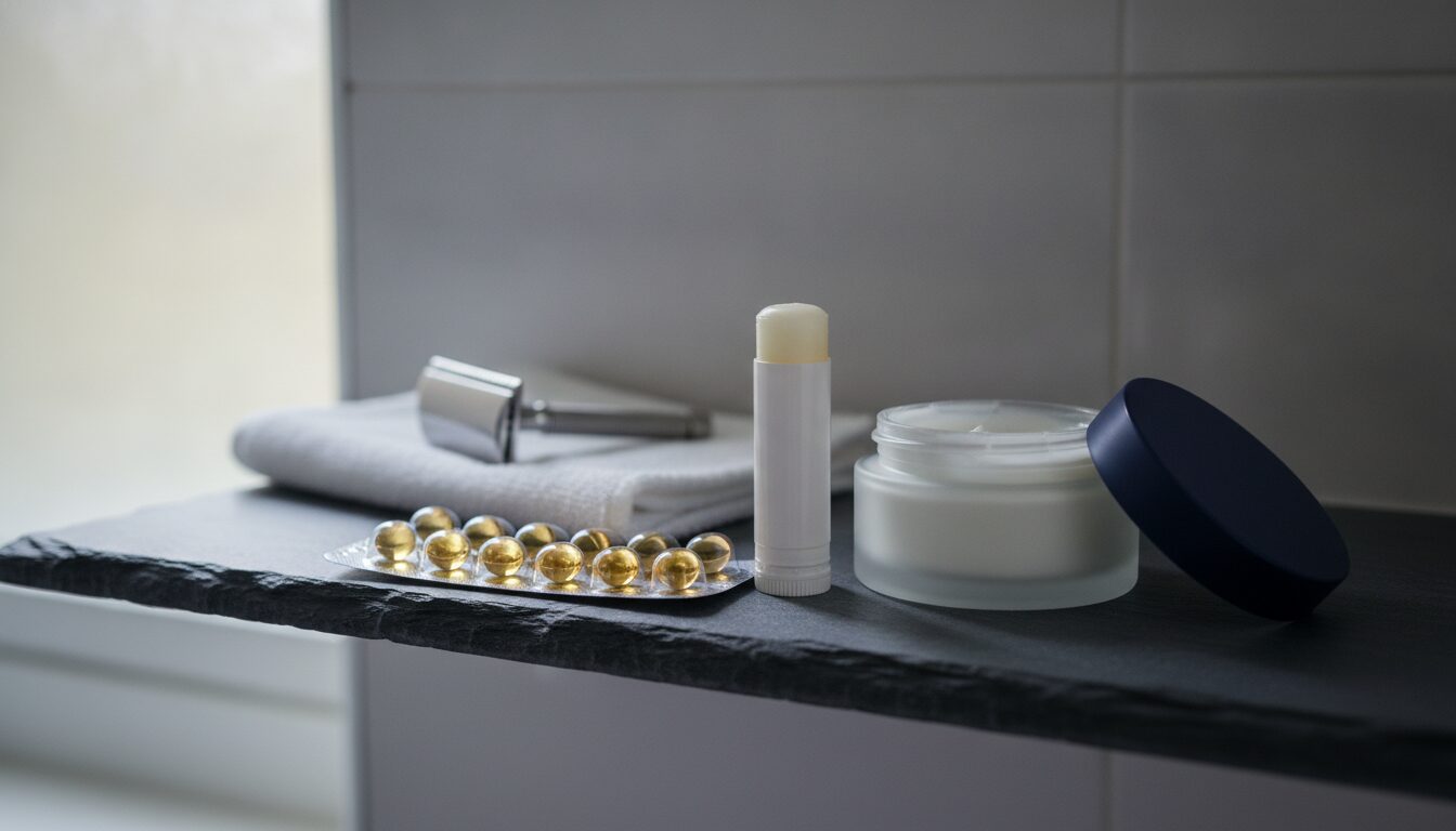 Side effects of Accutane for men: a man's bathroom shelf with an isotretinoin blister strip, lip balm, plain moisturizer and a safety razor