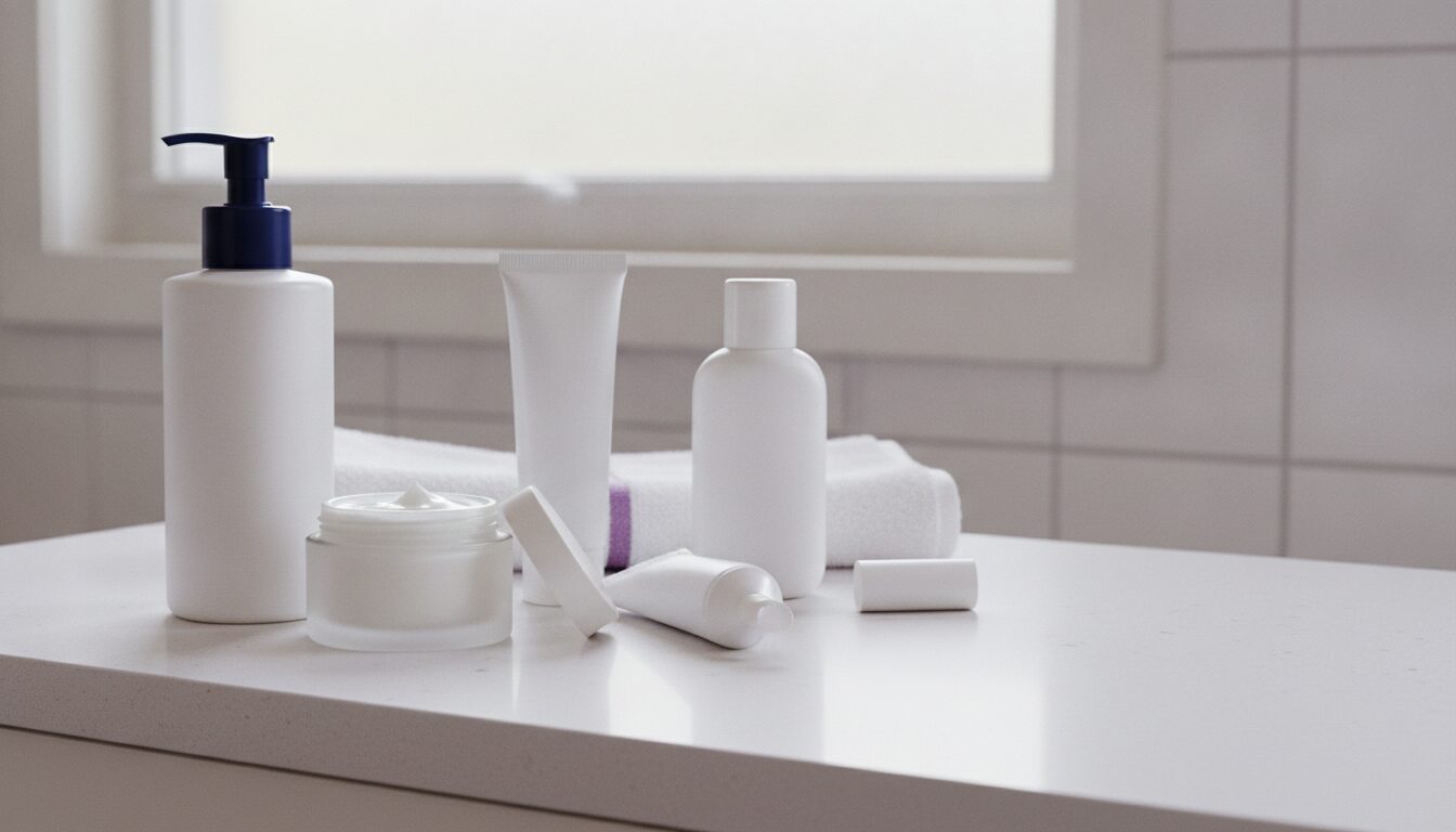 A pump bottle, an open jar of white cream, two squeeze tubes, a plain bottle and a small white cylinder on a white bathroom counter