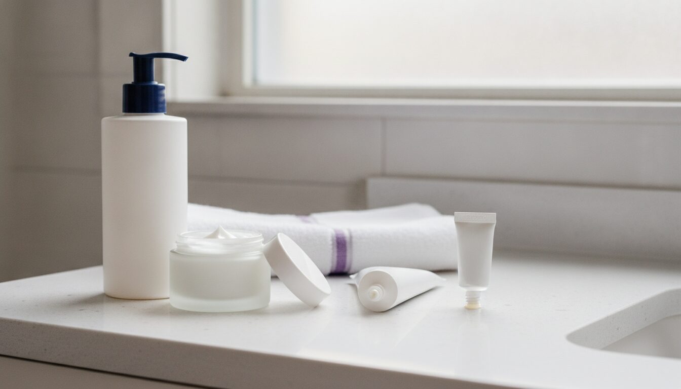 Skincare routine while on Accutane: an unlabeled pump bottle, an open jar of white moisturizer and two small squeeze tubes on a white bathroom counter