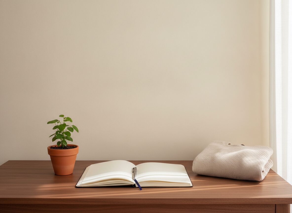 A small terracotta pot with a green leafy plant, an open blank notebook with a silver pen and navy ribbon, and a folded beige knit sweater sit on a walnut desk against a cream wall.