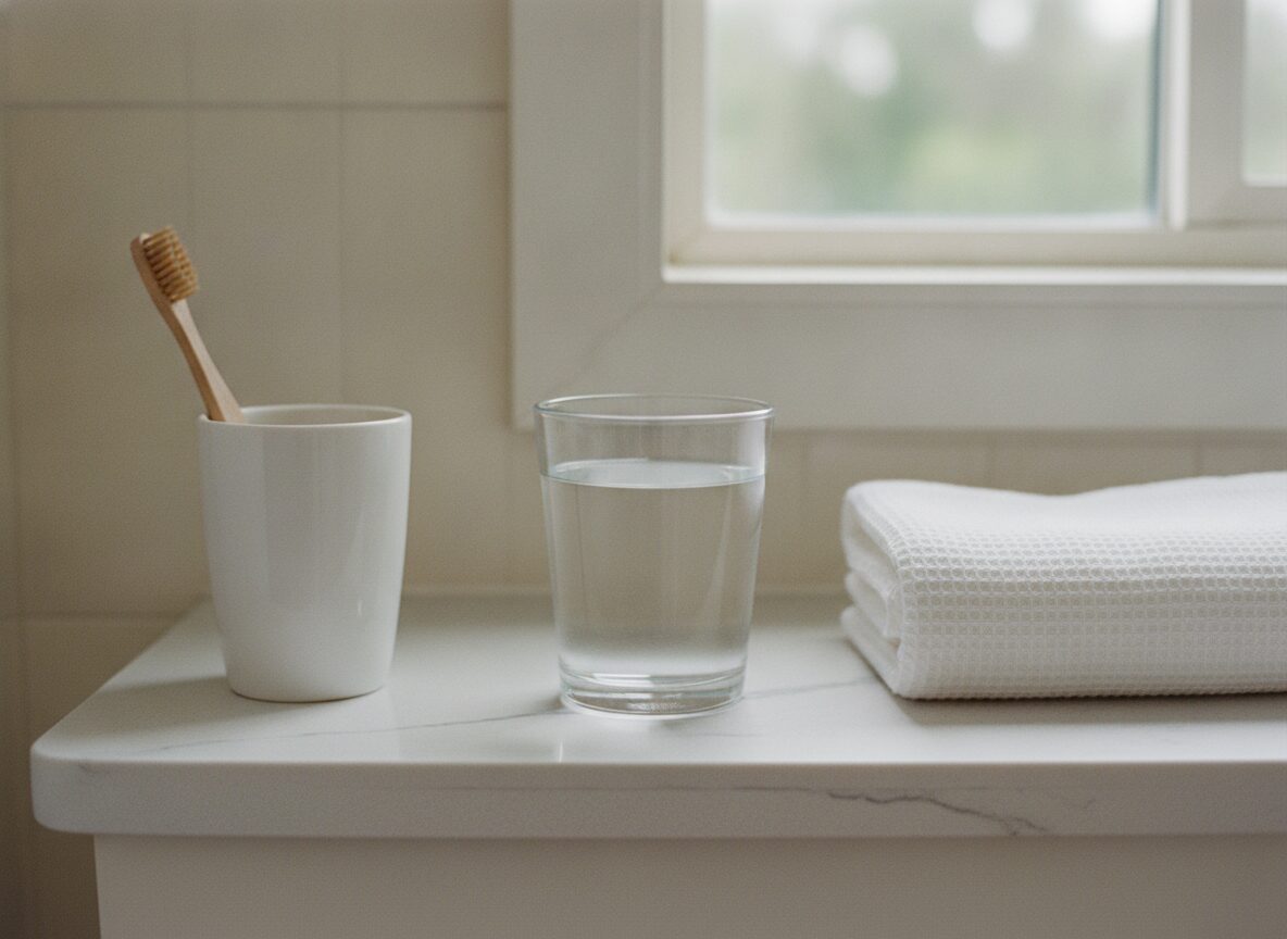 A white ceramic cup holding one wooden toothbrush, a clear glass of water and a folded white waffle towel sit side by side on a white marble bathroom counter in front of a window.