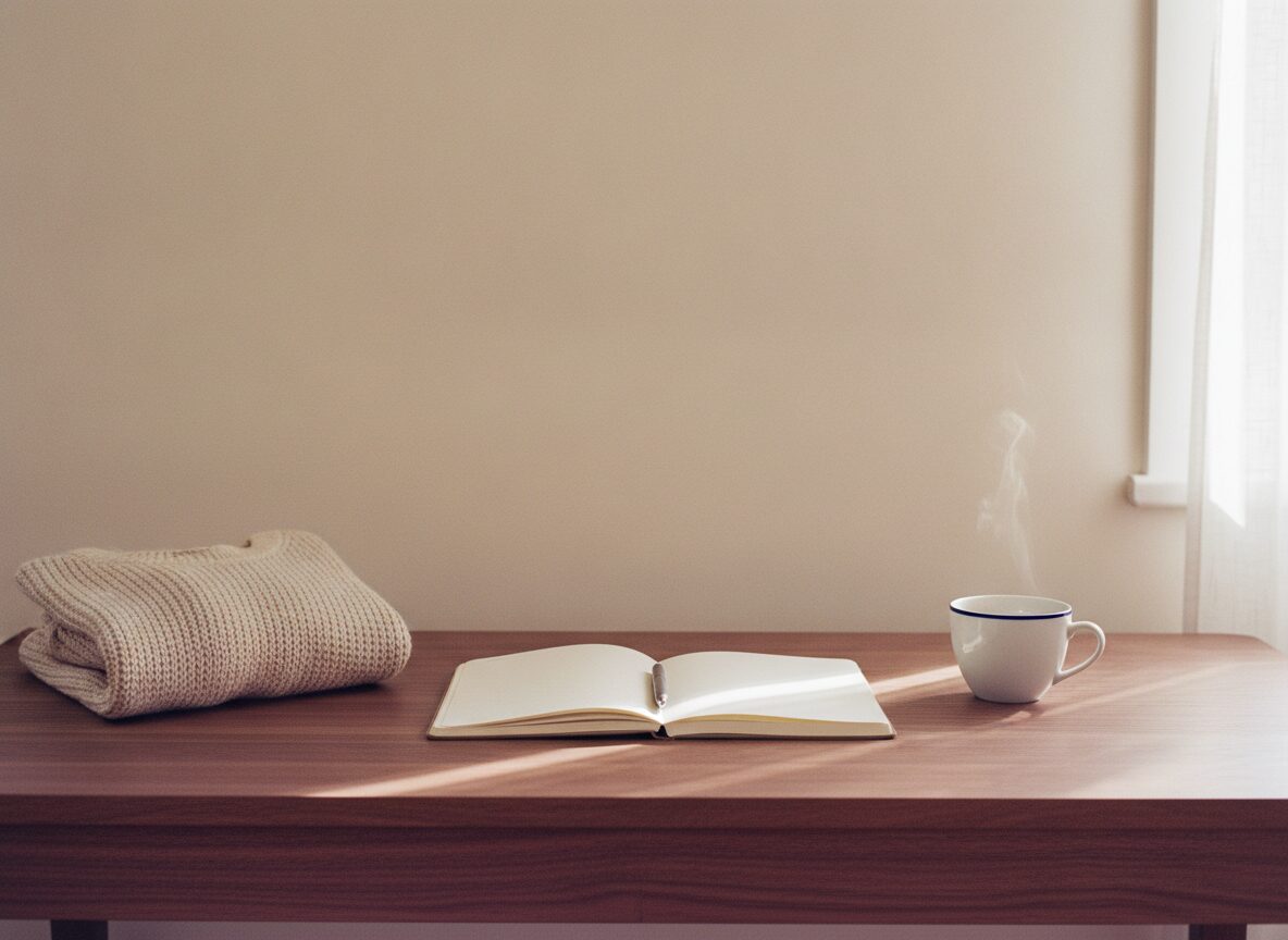An open blank notebook with a pen in its fold sits on a wooden desk between a folded cream knit sweater and a steaming white cup with a navy rim, in front of a plain cream wall and a sheer white curtain.