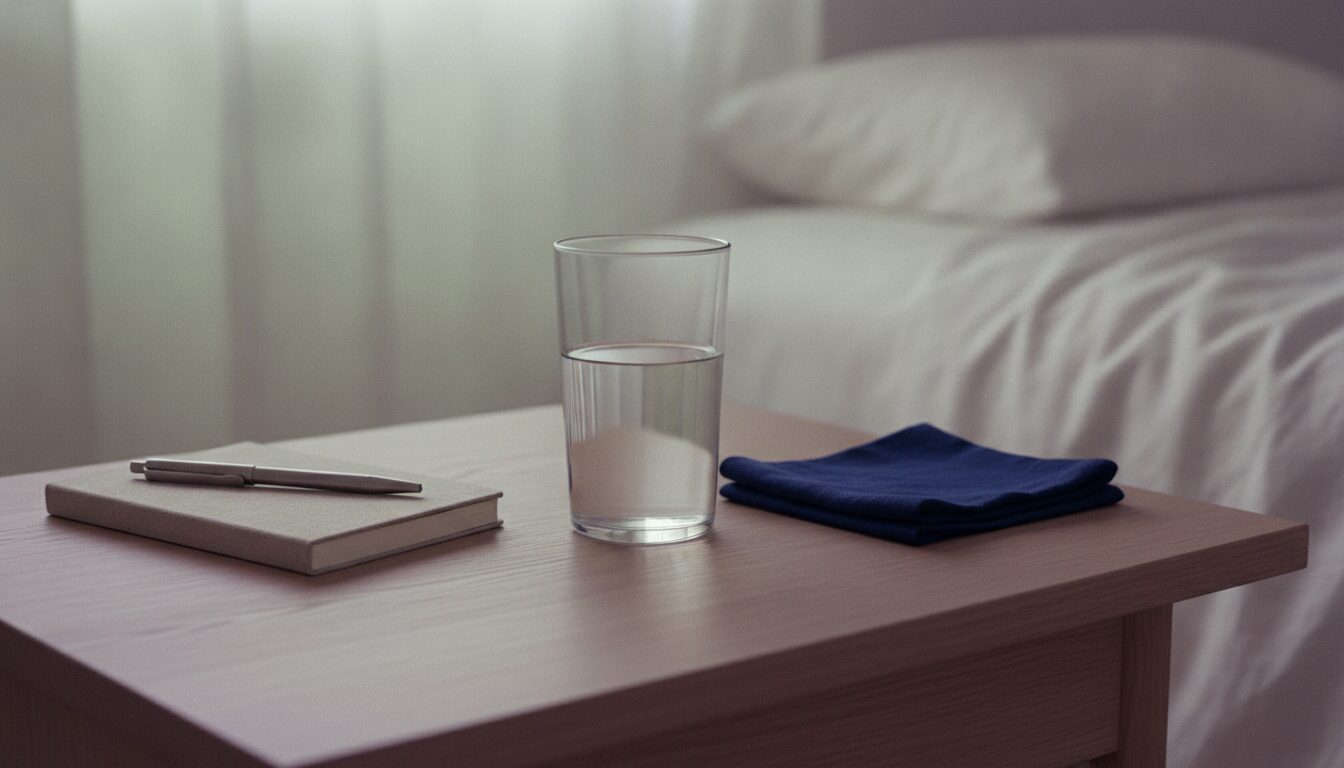 A clear glass of water stands on a light wooden bedside table between a closed beige notebook with a silver pen lying on it and a folded navy cloth, with a white pillow and rumpled sheets softly blurred behind.