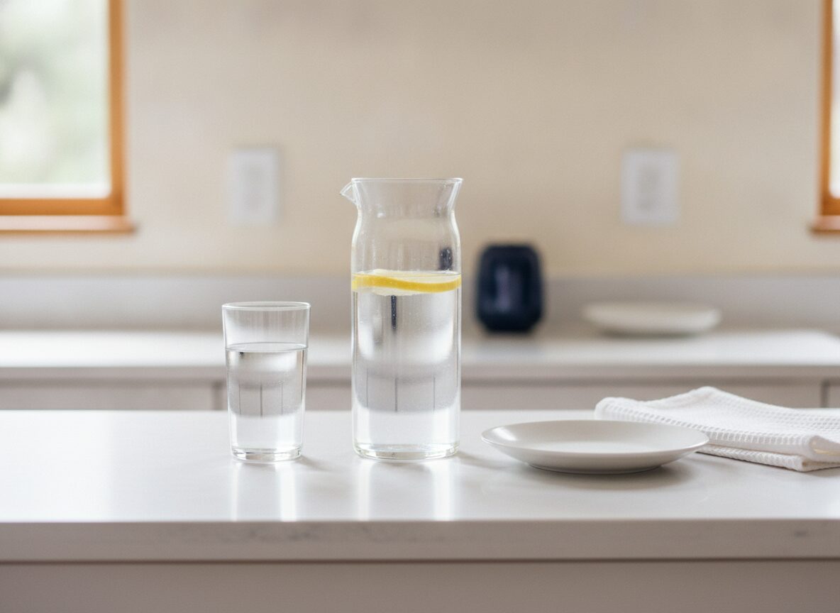A clear glass carafe of water with one lemon slice stands on a white kitchen counter between a short glass of water and an empty white plate, with a folded white waffle towel at the right, and a navy canister, a second plate and two windows softly blurred behind.