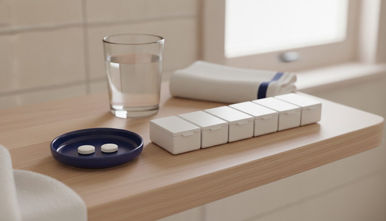 Six white pill organizer compartments with closed lids in a row on a light wood bathroom shelf, beside a navy dish holding two round white tablets, a glass of water and a folded towel
