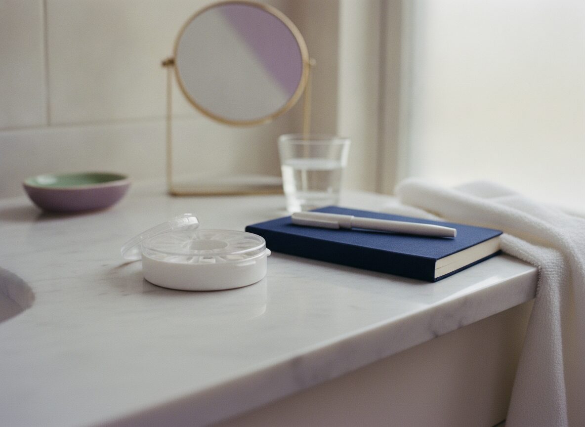 A round white pill dispenser with its clear lid propped open beside a closed navy notebook and a white pen on a marble bathroom counter, with a glass of water, a round mirror and a towel behind