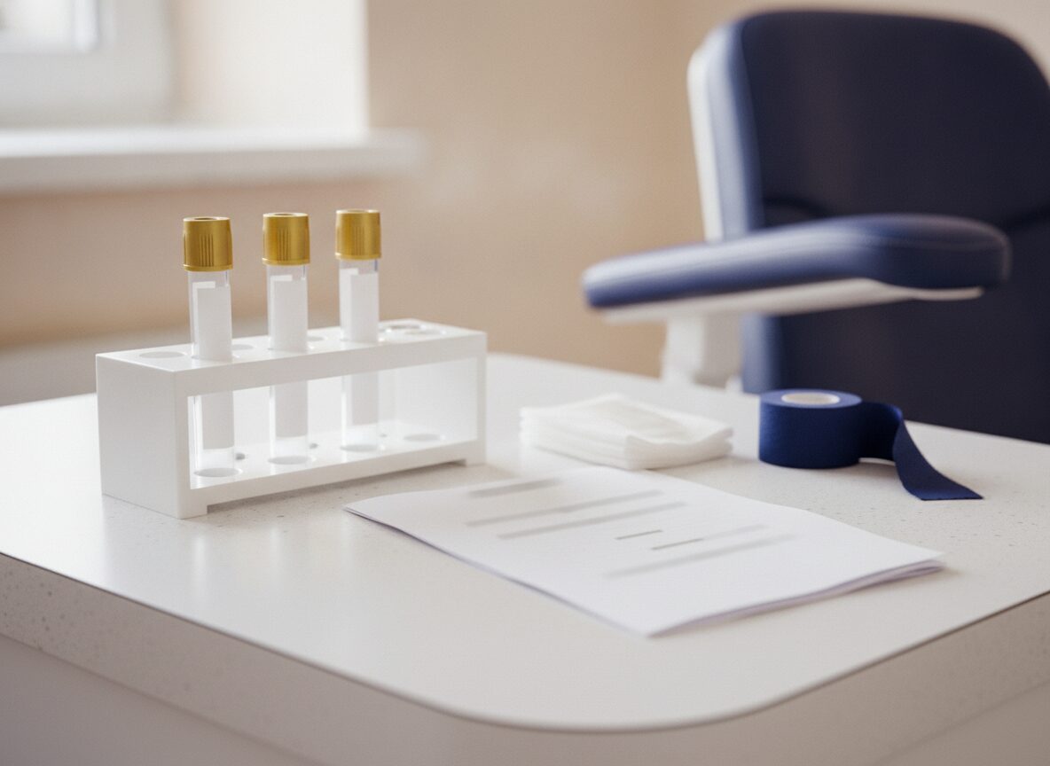 Three empty blood collection tubes with gold stoppers in a white rack on a lab counter, beside a folded lab order with unreadable gray lines, a stack of gauze and a roll of navy bandage wrap, with a navy chair arm behind