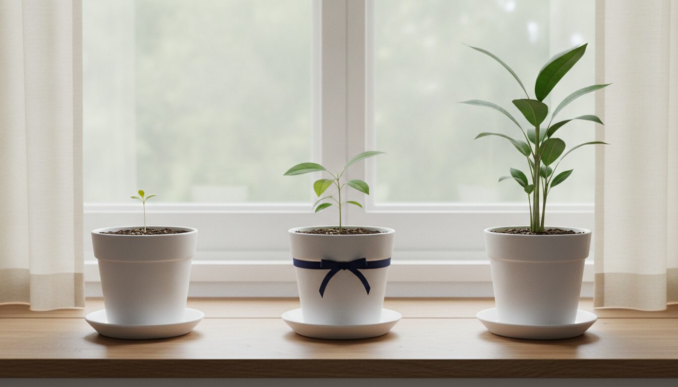 Three identical white ceramic pots in a row on a pale oak windowsill, holding a tiny sprout on the left, a short plant with a few leaves in the middle with a navy ribbon tied around the pot, and a tall leafy plant on the right, with sheer cream curtains and a soft green window behind.