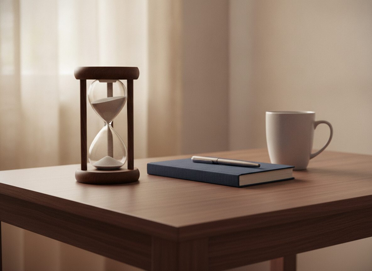 A wooden hourglass with pale sand stands on a walnut desk beside a closed navy notebook with a steel pen across it and a plain white mug, with sheer curtains softly blurred behind.