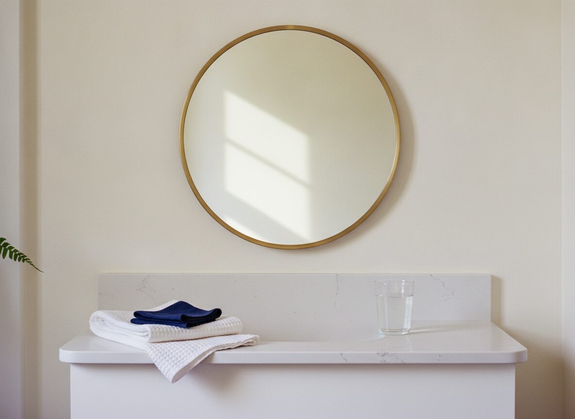 A round mirror with a thin brass frame hangs on a cream wall above a white stone vanity holding a folded white waffle towel with a folded navy cloth on top and a clear glass of water, with a fern leaf at the left edge.