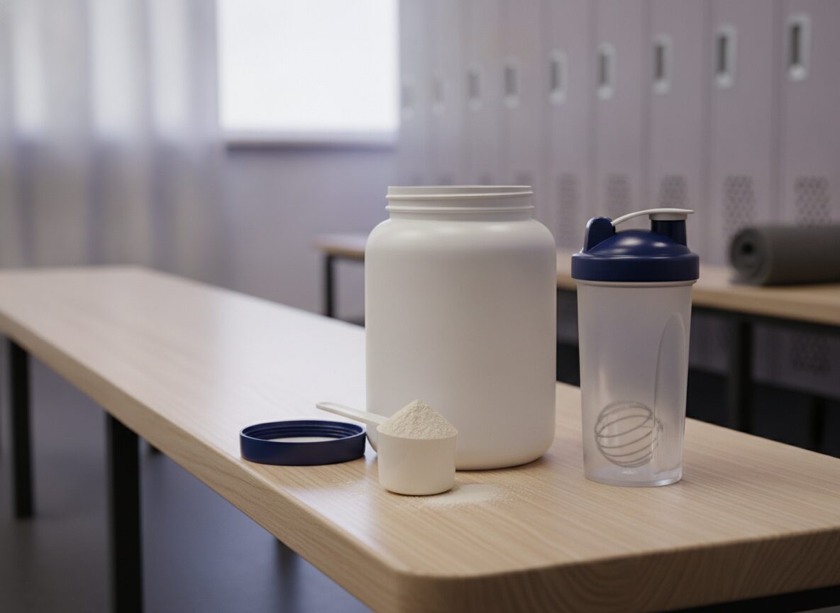 Testosterone, steroids and gym supplements and acne in men: an unlabeled whey protein tub, scoop and shaker bottle on a gym locker room bench
