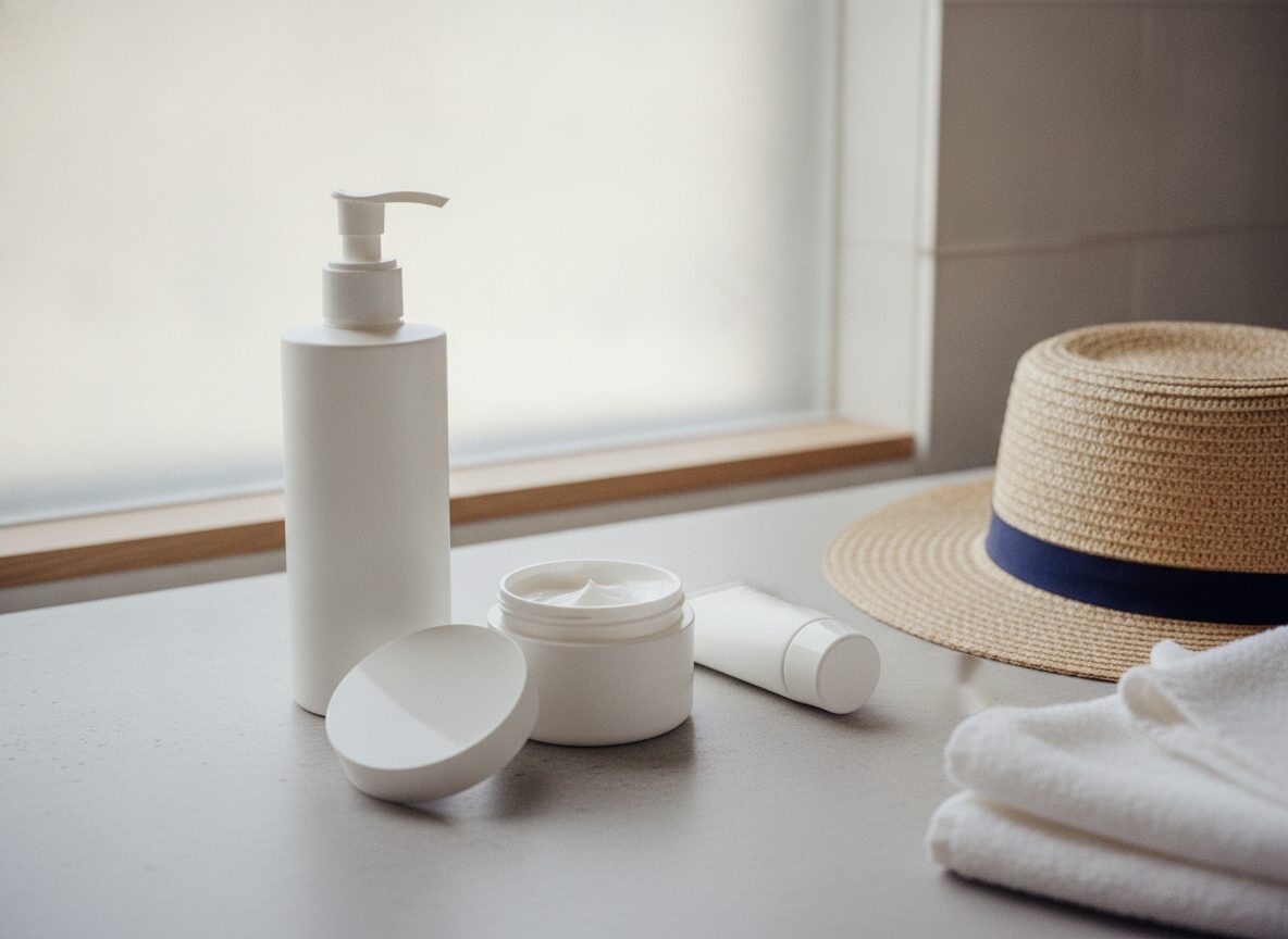 A white pump bottle, an open white jar of moisturizer with its lid beside it, a white tube, a straw hat with a navy band, and a folded white towel on a grey bathroom counter.