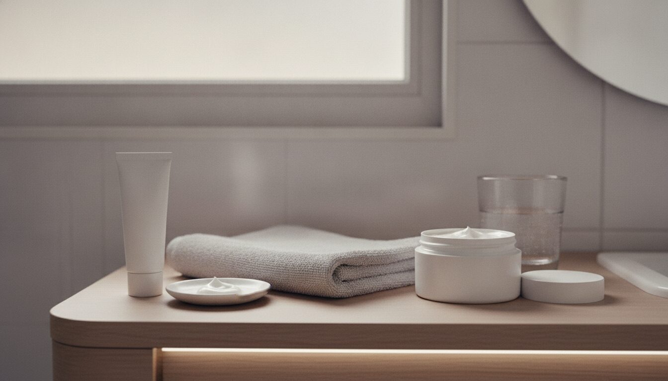 A pale oak bathroom shelf holding a plain white squeeze tube, a small white saucer with one dab of white cream, a folded grey towel, a white jar of cream with its lid beside it, and a glass of water.