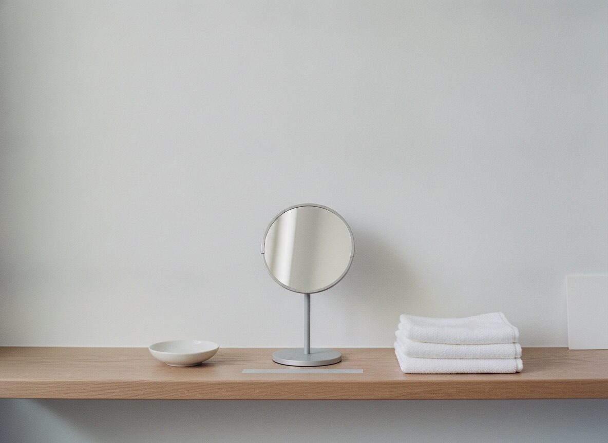 A small round tabletop mirror on a grey stand on a pale oak shelf against a plain white wall, with an empty white dish on the left and a stack of three folded white washcloths on the right.