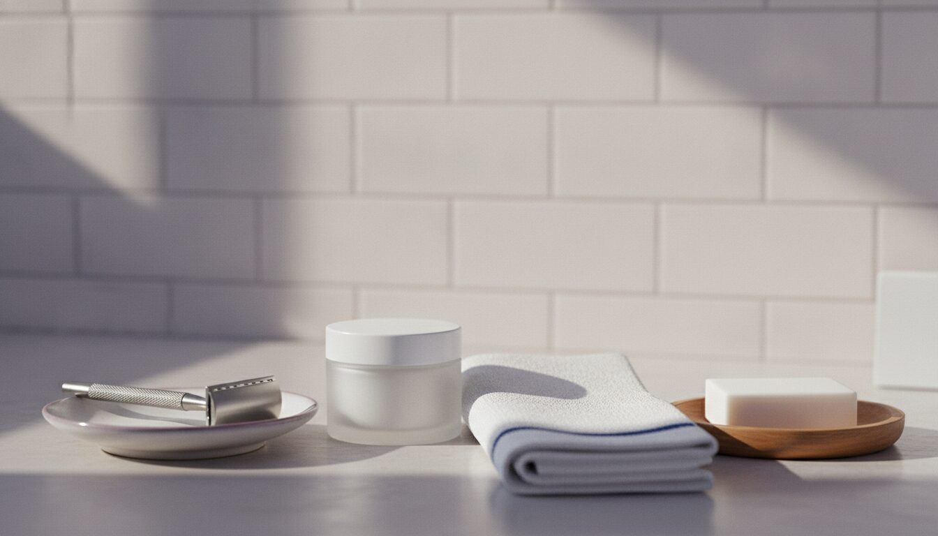 Bathroom counter with a metal razor on a ceramic dish, a frosted jar, a folded towel and a bar of soap
