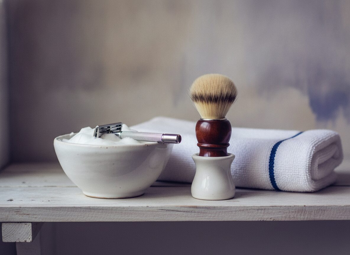 Safety razor resting in a bowl of white lather beside a shaving brush and a folded towel on a shelf