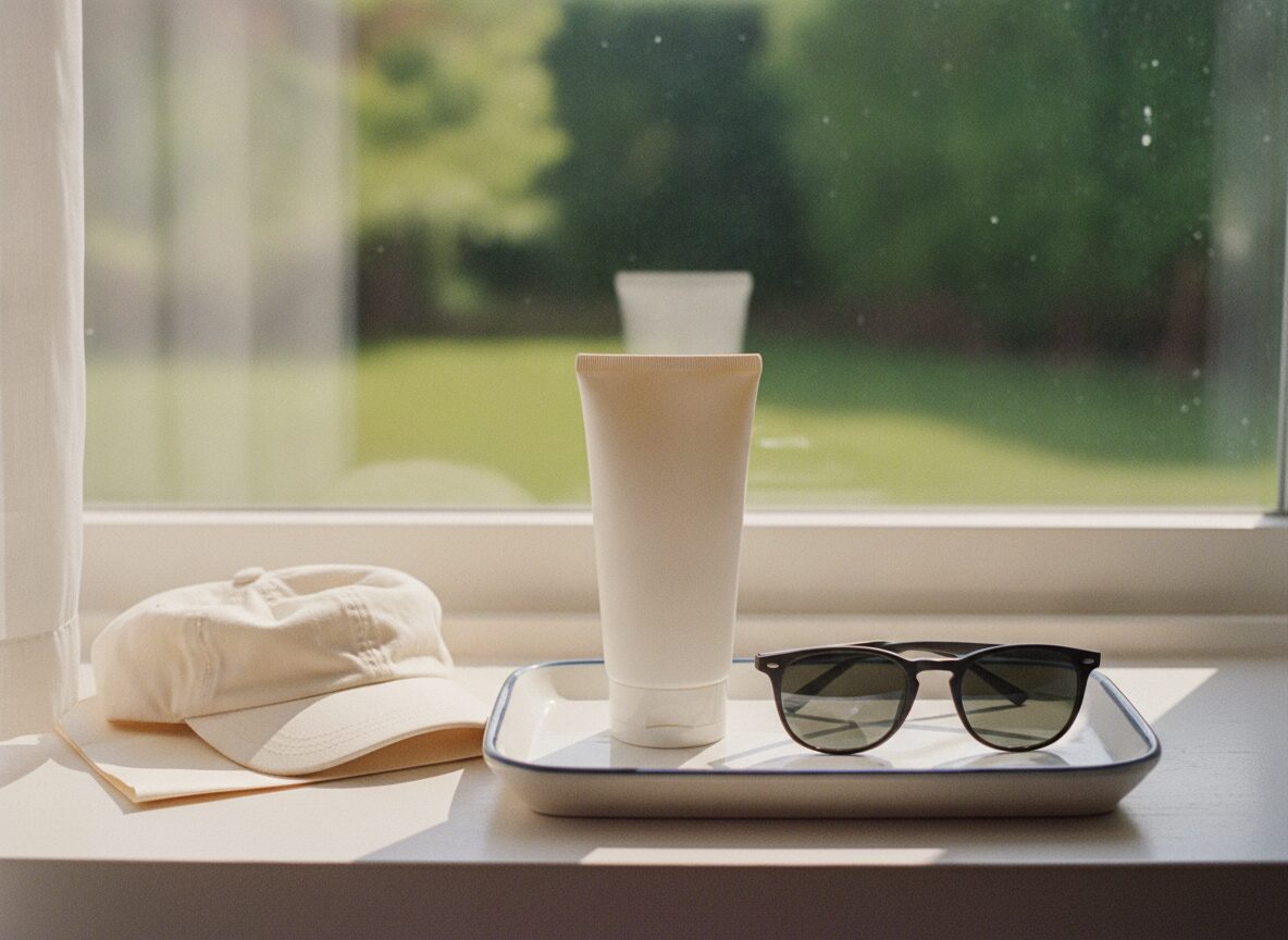 Unlabeled white tube, sunglasses and a cap on a sunlit windowsill