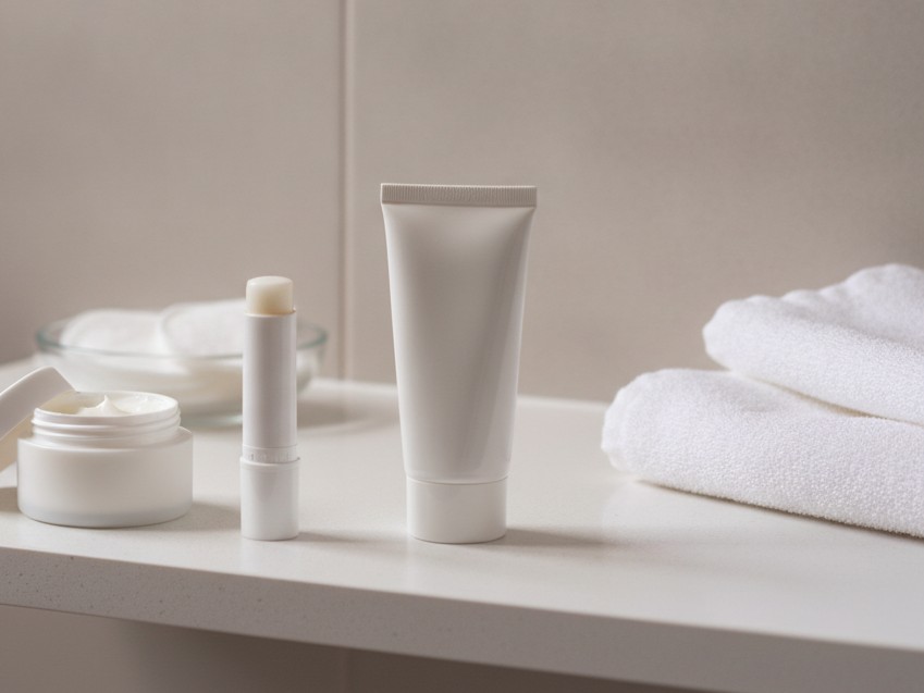 A white jar of cream with its lid ajar, a lip balm stick and a squeeze tube stand on a white bathroom shelf in front of pale tile, with a glass dish of cotton rounds behind them and a folded white towel at the right.