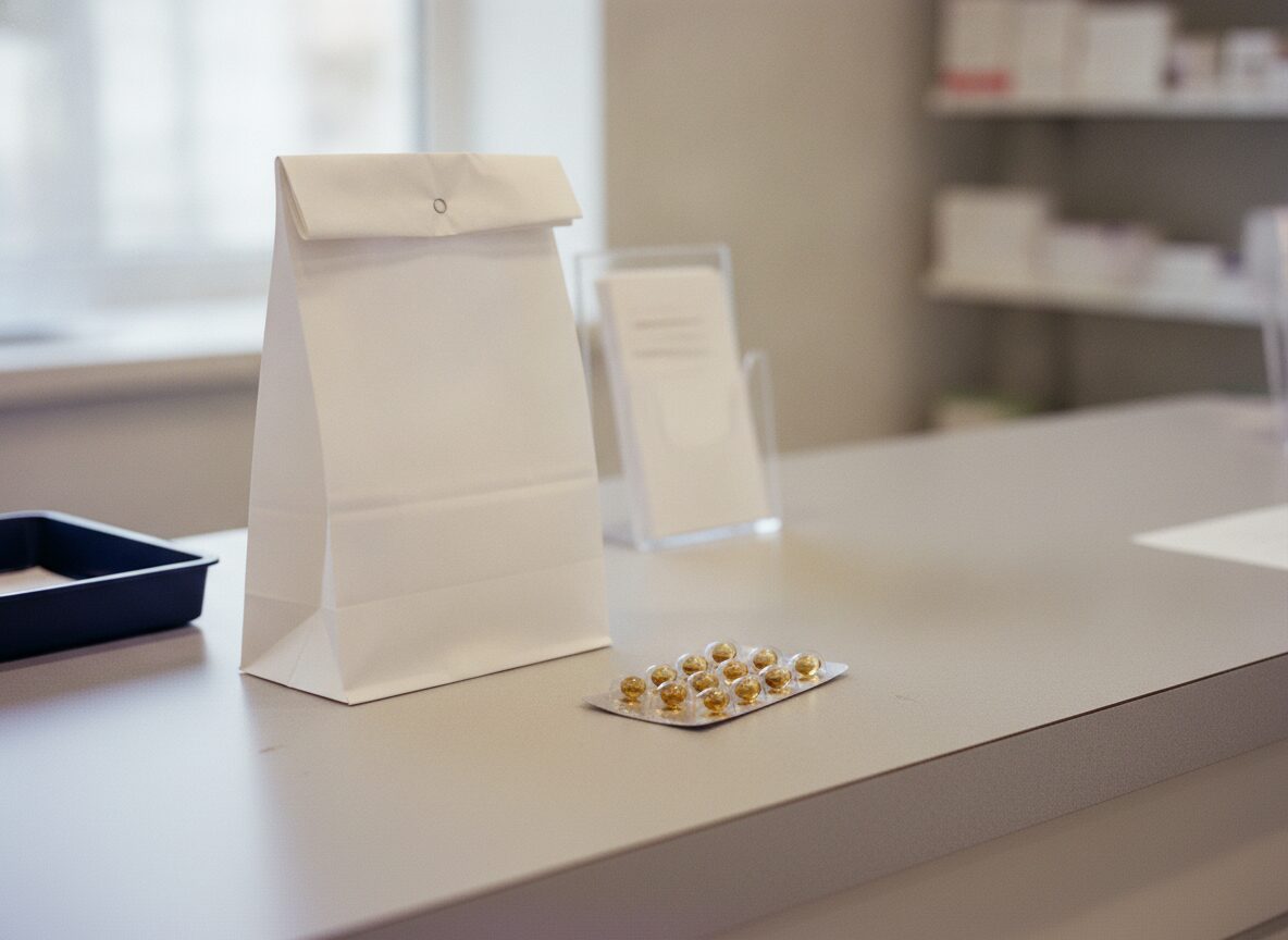 A closed white paper pharmacy bag stands on a grey counter beside a foil blister card of amber capsules, with a clear leaflet holder and an empty navy tray behind them.