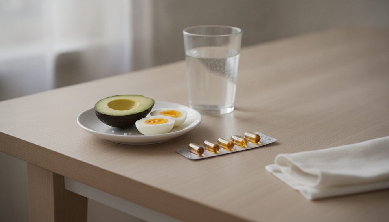 A plate with half an avocado and a soft boiled egg cut in half sits beside a foil blister strip of five amber capsules and a glass of water on a light wood table, with a folded white napkin at the right.